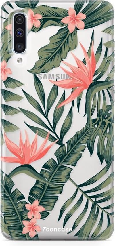 Fooncase Hoesje Geschikt voor Samsung Galaxy A70 - Shockproof Case - Back Cover / Soft Case - Tropical Desire / Bladeren / Roze