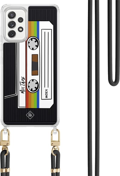 Casimoda® hoesje met koord - Geschikt voor Samsung A52(s) - Cassette Mixtape - Afneembaar koord - TPU/polycarbonaat - Zwart