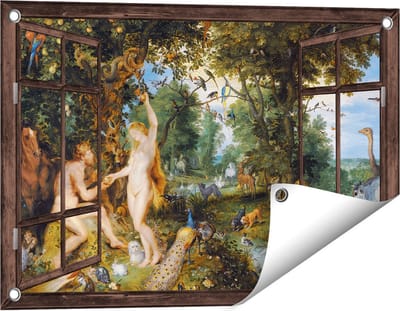 Gards Tuinposter Doorkijk Het Aardse Paradijs met de Zondeval van Adam en Eva - Jan Brueghel - 60x40 cm - Tuindoek - Tuindecoratie - Wanddecoratie buiten - Tuinschilderij