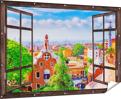 Gards Tuinposter Doorkijk Park Güell in Barcelona - Kleurrijk - 180x120 cm - Tuindoek - Tuindecoratie - Wanddecoratie buiten - Tuinschilderij