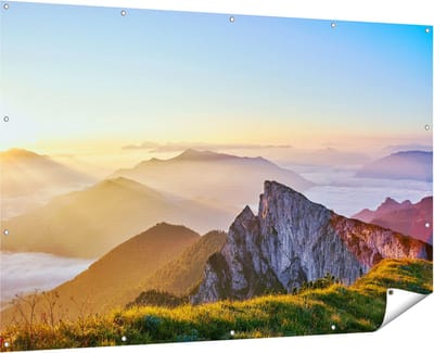 Gards Tuinposter Zonsopkomst in de Bergen in de Alpen - 180x120 cm - Tuindoek - Tuindecoratie - Wanddecoratie buiten - Tuinschilderij