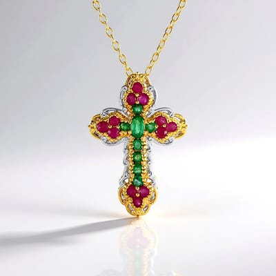 Cavill - Zilveren Halsketting 925 Sterling - Verguld Goud - Zambia Smaragd Ovaal & Rond 1,638ct - Birmese Robijnen - Filigraan Kruis