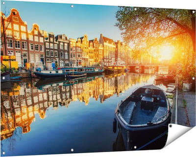 Gards Tuinposter Amsterdamse Gracht bij Zonsondergang - 150x100 cm - Tuindoek - Tuindecoratie - Wanddecoratie buiten - Tuinschilderij