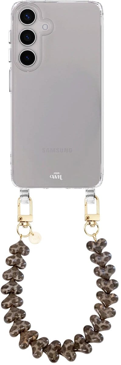 xoxo Wildhearts siliconen hoesje geschikt voor Samsung Galaxy S26 Plus hoesje - Funky Hearts (Leopard) - Telefoonhoesje - Hoesje met koord - Luipaard print koord - kort telefoonkoord - Hartjes ketting - Transparant hoesje
