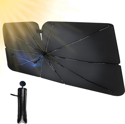Famanu – Zonwering voor de voorruit met 10 armen - opvouwbare autoshades met flexibele handgreep - 360° draaibaar - zonwering voor de voorruit binnen - voor de meeste voertuigen (138 x 78 cm)