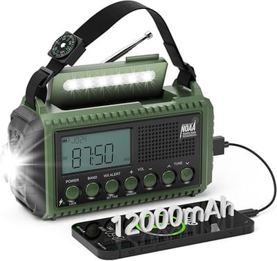 Noodradio 12000 mAh – Zonne- & Zwengelradio | AM/FM/SW Wereldontvanger | Powerbank, Zaklamp & Leeslamp | SOS-alarm | LCD-display | IPX-beschermd | Voor Camping, Hiken & Noodpakketten