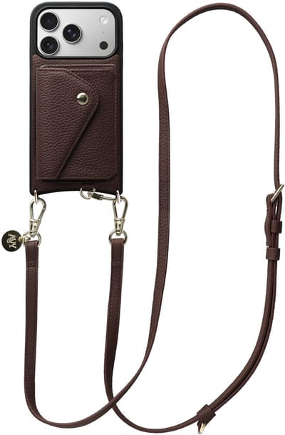 AVY Leren Hoesje geschikt voor Apple iPhone 17 Pro | Met Koord en Magnetische Kaarthouder | Compatibel met MagSafe | Leather Case met 130CM Koord & Wallet | Long Leather | Chocolate