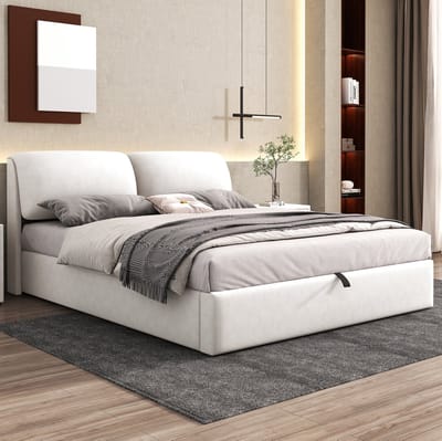 MIVRAY Gestoffeerd Bed 180x200 cm - Hydraulisch Bed met 3 Lades en Opbergruimte - Verstelbaar Hoofdbord - Zonder Matras - Fluweel - Beige