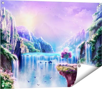 Gards Tuinposter Kleurrijke Sprookjes Waterval - Abstract - 80x60 cm - Tuindoek - Tuindecoratie - Wanddecoratie buiten - Tuinschilderij