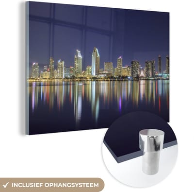 ® Glasschilderij 180x120 cm - Schilderij acrylglas - Skyline - San Diego - Nacht - Foto op glas - Muurdecoratie woonkamer - Wanddecoratie slaapkamer - Schilderijen