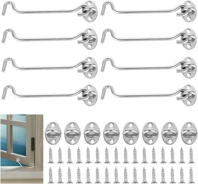8-delige RVS Deursloten Haken voor Buiten - 6,2 Inch Deursluitingen met 32 Schroeven voor Deuren, Vensters, Garages en Kasten