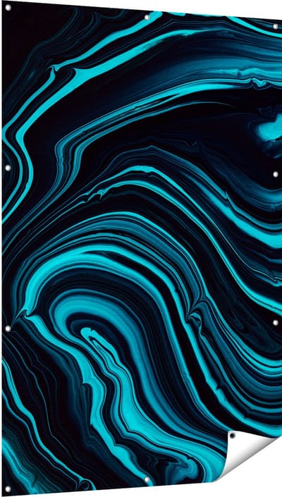 Gards Tuinposter Abstracte Kunst - Aqua Blauw met Zwart - 100x150 cm - Tuindoek - Tuindecoratie - Wanddecoratie buiten - Tuinschilderij