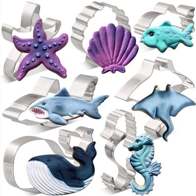 Oceaan Uitsteekvormen set - Walvis, Zeester, Zeepaardje, Haai, Zeemeermin, Octopus & Schelp - RVS metaal Cookie Cutters - Zeedieren - Groot formaat 7 tot 14CM
