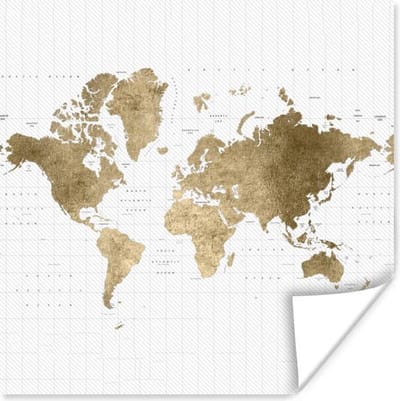 Poster 30x30 cm - Wereldkaart - Glitters - Goud - Posters - Kamer decoratie - Wanddecoratie woonkamer - Muurdecoratie slaapkamer