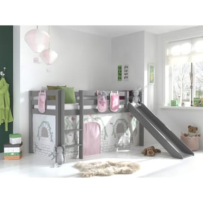 LUCEVI - Pino Halfhoogslaper + Ladder + Glijbaan + Birdy Gordijntjes + 3 Zakjes - Grijs - 90x200 cm