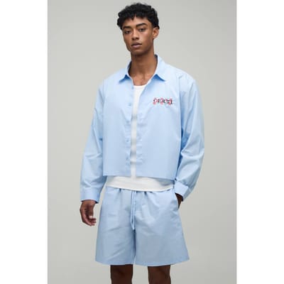 Geborduurd Bloemen Regular Fit Overhemd & Baggy Short Set | Light Blue | Size Small