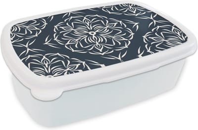 Broodtrommel Wit - Lunchbox - Brooddoos - Patroon - Bloem - Donkerblauw - 18x12x6 cm - Volwassenen