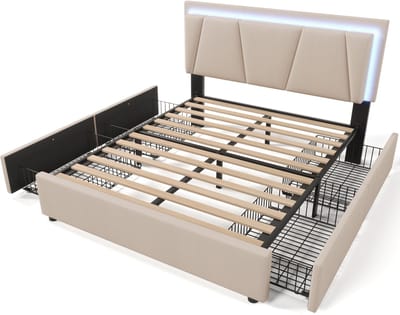 COVREO Bedframe 140x200 cm beige, met LED en 4 lades, zonder matras