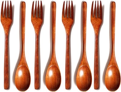 8Pcs Houten Bestek Set - Vork - Lepel - Keukenaccessoires - Herbruikbaar Natuur - Voor Feest - Banket - Buffet - Catering - Dagelijks Gebruik - Bruin