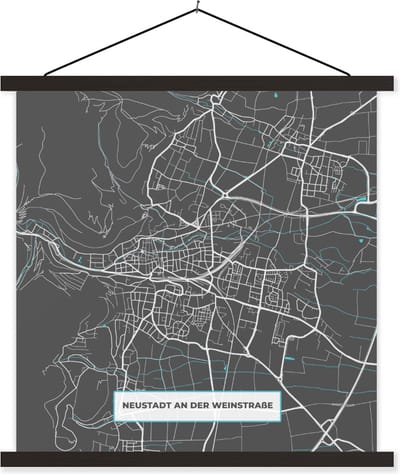 Posterhanger incl. Poster 60x60 cm - Schoolplaat - Kaart – Plattegrond – Stadskaart – Neustadt an der Weinstraße – Duitsland – Blauw - Textielposter - Zwarte latten - Stadskaart