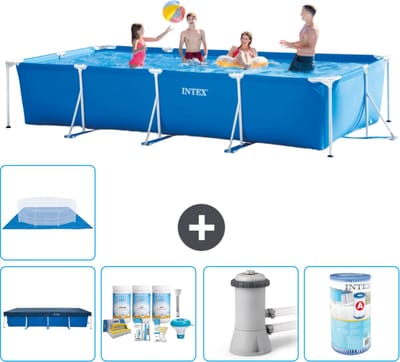 Intex Rechthoekig Frame Zwembad - 450 x 220 x 84 cm - Blauw - Inclusief Afdekzeil - Onderhoudspakket - Zwembadfilterpomp - Filter - Grondzeil - 6-delig