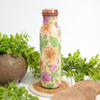 Puur koperen waterfles bloemenprint groen/rose/wit ± 950 ml (zware uitvoering)