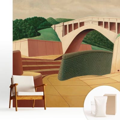 Wallfluent Behang - Vreedzaam landschap Vliesbehang - 250x250 cm - Geel Behang - Voor liefhebbers van hedendaagse kunst - Behang Voor de woonkamer, slaapkamer en kantoor - Wanddecoratie Architectuur