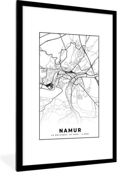 Fotolijst incl. Poster Zwart Wit- België – Namur – Stadskaart – Kaart – Zwart Wit – Plattegrond - 80x120 cm - Posterlijst