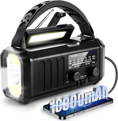 Noodradio - 10000 mAh - Noodradio Solar Opwindbaar - AM/FM - Altijd Overal Ontvangst - Noodpakket voor thuis - Solar en Opwindbaar - Met Krachtige Powerbank - SOS alarm - LED-zaklamp - Helder geluid - Noodpakket - Voor wandelen, stroomuitval - Zwart