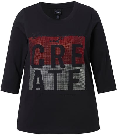 Ulla Popken - Dames - T-shirt lettermotief ronde hals opstaande kraag 3/4-mouwen - Zwart - Maat 46+