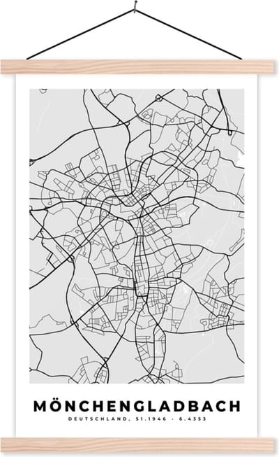 Posterhanger incl. Poster 40x60 cm - Schoolplaat - Stadskaart - Duitsland - Plattegrond - Mönchengaldbach - Kaart - Textielposter - Blanke latten - Stadskaart