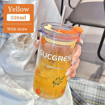 550ml Bloemen Glazen Beker Transparante Glazen Met Deksel En Rietje Bubble Tea Beker Ijskoffie Mok Voor Sap Melk Water Bekers Drinkware 550ml