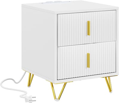 SoBuy - Modern nachtkastje - Wit met gouden accenten - 2 lades - Inclusief stopcontact en USB - 36x40x47 cm
