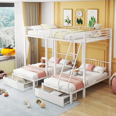 STILVORA Metalen Stapelbed 140x200cm – Om Te Bouwen Tot 1 Tweepersoonsbed En 2 Eenpersoonsbedden – Met 2 Opberglades – Zonder matras – Wit