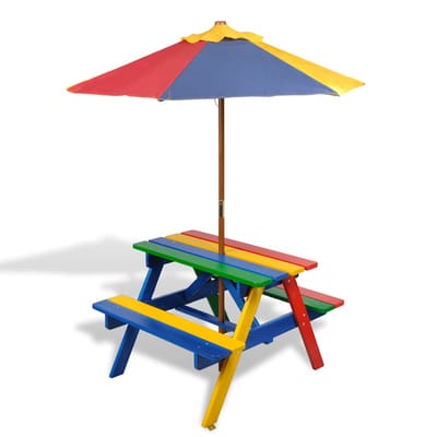 vidaXL - Kinderpicknicktafel - met - banken - en - parasol - hout - meerkleurig