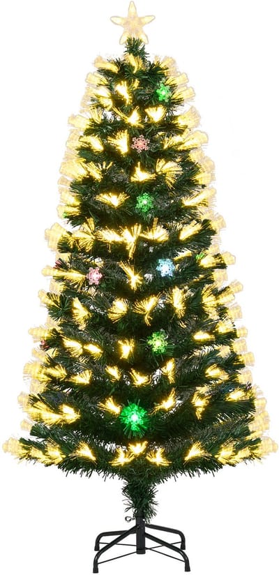 COSTWAY Kunstkerstboom van 150 cm met verlichting, dennenboom met 8 lichtmodi, 170 takuiteinden, 20 sneeuwvlokken, stervormige punt, kerstboom in glasvezel-look, kunstboom voor thuis