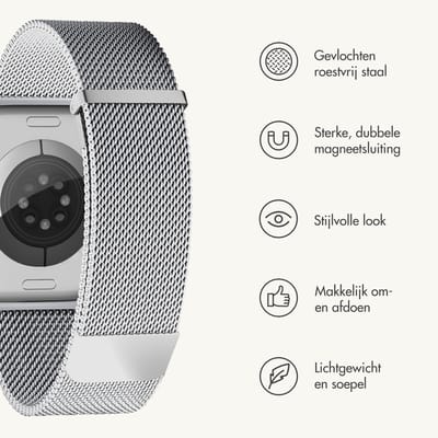 Premium Milanees bandje - Geschikt voor Apple Watch 1, 12, 2, 3, 4, 5, 6, 7, 8, 9, 10, 11, SE, Ultra (2 / 3) - 44/45/46/49 mm - Zilver