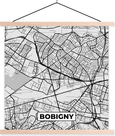 Posterhanger incl. Poster 40x40 cm - Schoolplaat - Frankrijk - Bobigny - Stadskaart - Plattegrond - Kaart - Textielposter - Blanke latten - Stadskaart