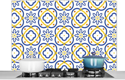 Spatscherm keuken 120x80 cm - Kookplaat achterwand Bloem - Blauw - Geel - Tegels - Patronen - Muurbeschermer - Spatwand fornuis - Hoogwaardig aluminium