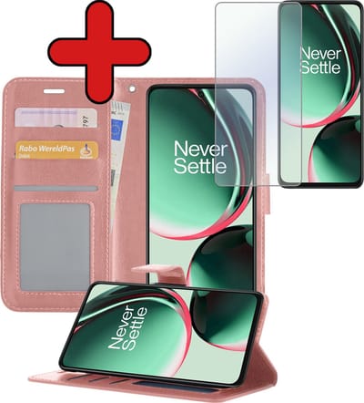 Hoesje - Met Screenprotector - Geschikt voor OnePlus Nord CE 3 Lite - Luxe Pasjeshouder - Flipcase - Bookcase Portemonee - Flip Case - Kunstleer Book Case - Book Cover - Walletcase - Portemonneehoes - Telefoonhoes - Rosé goud