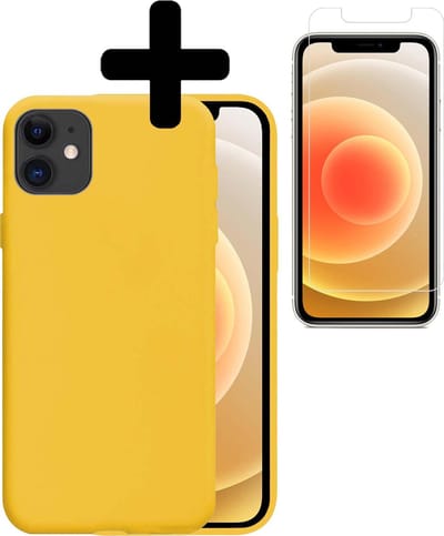 Hoesje - Met Screenprotector - Geschikt voor Apple iPhone 12 Mini - Sterk & Shockproof - Back Cover - Siliconen Case - Telefoon Hoes - Telefoonhoesjes - Geel