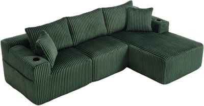 REDOM Modulaire Bank - Chaise Longue & Modulaire Opstelling - Corduroy Stof - Emerald Groen - 257x160x62 cm