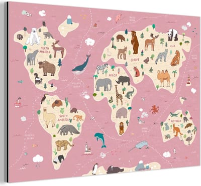 Aluminium schilderij 120x80 cm - Wanddecoratie metaal - Wereldkaart kinderen - Dieren - Aarde - Jongens - Meiden - Roze - Metalen muurdecoratie woonkamer - Decoratie industrieel - Foto op dibond - Industriële accessoires slaapkamer