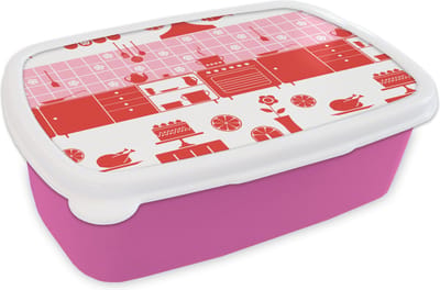 Broodtrommel Roze - Lunchbox - Brooddoos - Patronen - Pannen - Design - Huis - Roze - 18x12x6 cm - Kinderen - Meisje