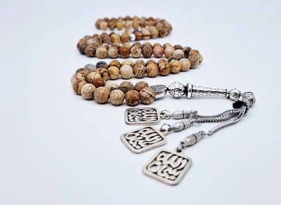 Handgemaakte tesbih "Tasbih" natuursteen "Picture Jasper" - Aantal kralen 99 - Diameter kralen 8MM - met metaal tassel "Subhan Allah" - Een mooi cadeau-idee