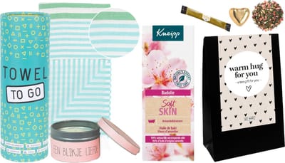 Kneipp Cadeauset Bad Soft Skin Luxe Hamam Handdoek - Kneipp Bad Olie 100 ml Soft Skin - Towel To Go Hamamdoek Turkoois Groen - My Flame Kaars Blikje Een blikje Liefde