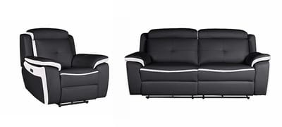 Vente-unique Elektrische driezits relaxbank en -fauteuil van leer ANGELIQUE - Zwart/wit