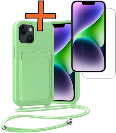 Hoesje Geschikt voor iPhone 13 Hoesje Met Telefoonketting Pasjeshouder Case Met Screenprotector Koord - Hoesje Geschikt voor iPhone 13 Hoes Met Kaarthouder - Groen