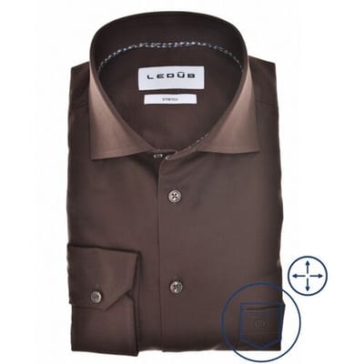 Ledub modern fit overhemd - popeline - donkerbruin - Strijkvriendelijk - Boordmaat: 39