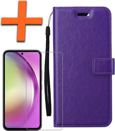 Hoes - Met Screenprotector - Geschikt voor Samsung Galaxy A54 - Luxe Pasjeshouder - Bookcase Portemonee - Flip Case - Kunstleer Book Case - Flipcase - Book Cover - Walletcase - PortemonneeHoes - Paars